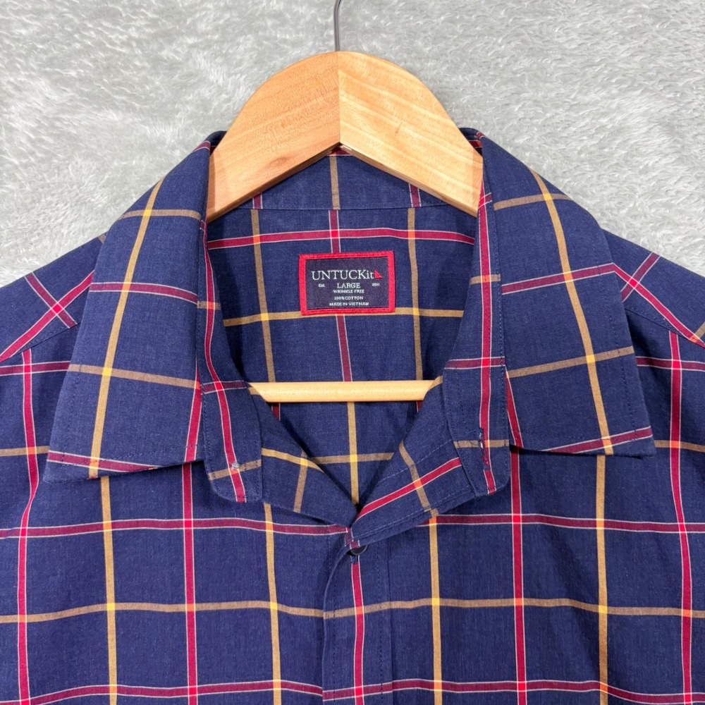 UNTUCKit Button Down Shirt Mens Large Navy Blue Plaid Wrinkle Free Cotton